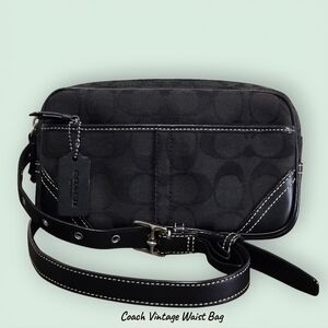 Coach-Vintage Black Signature Jacquard Leather Trim Waist/Fanny Bag+Dustbag